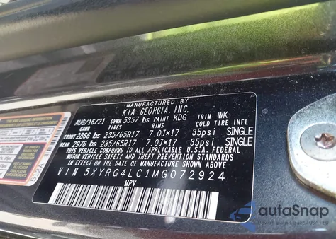 2021 Kia Sorento Lx z USA, uszkodzony, nr VIN 5XYRG4LC1MG072924